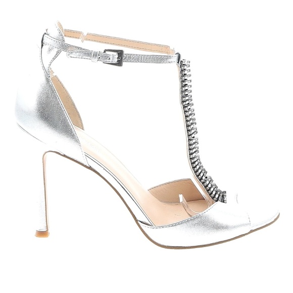 Silver Metallic T Strap Rhinestone Nine West Heels Pumps 8.5 Wedding Prom Shoes - Picture 2 of 7